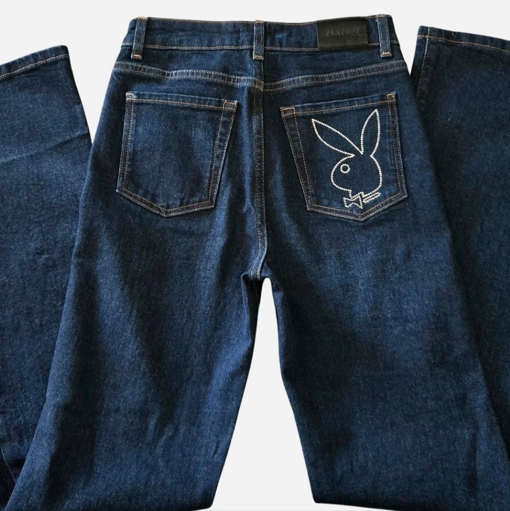 PLAYBOY Denim Jeans with Rhinstone Bunny Logo